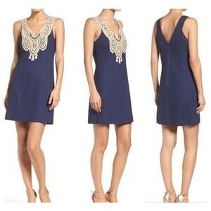 Lilly Pulitzer NWT Largo Resort Dress in True Navy w/ Gold Lace Embroidery Sz 6